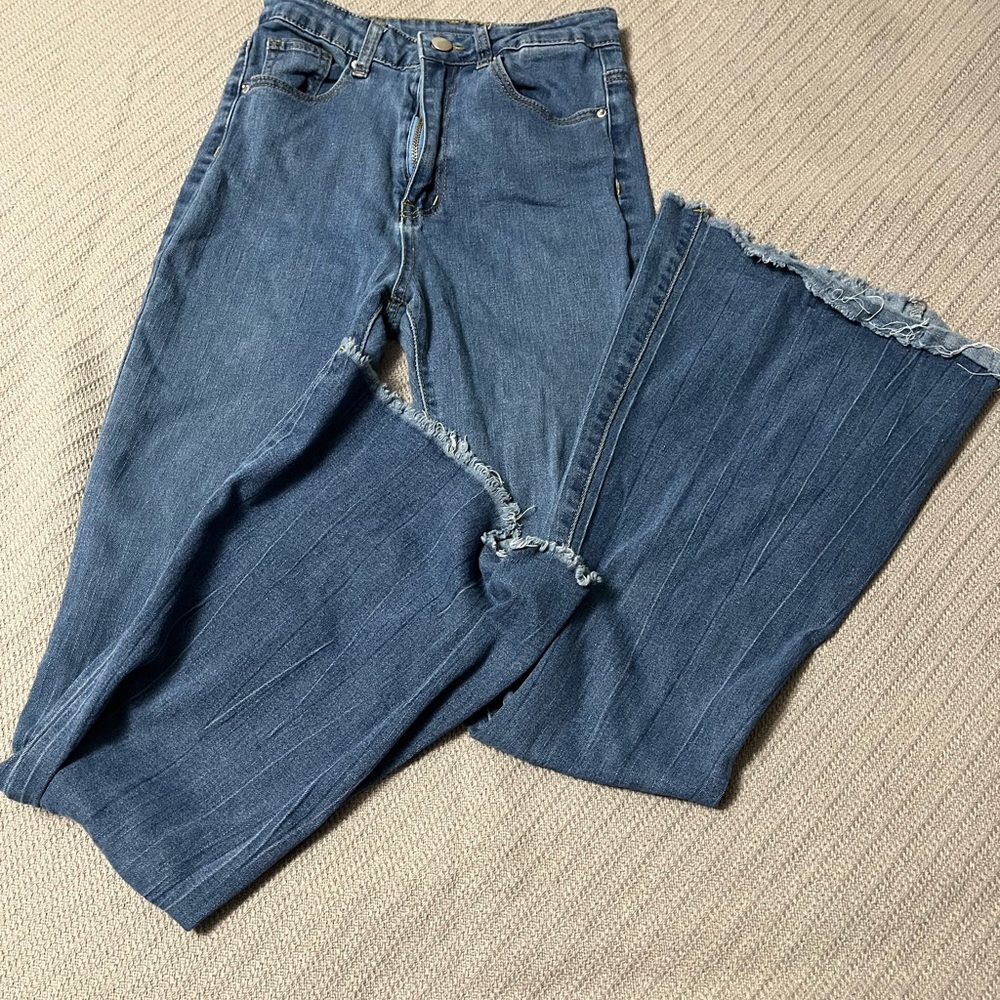 SHEIN Blue Wide Leg Frayed Jeans Bell Bottom/Flare